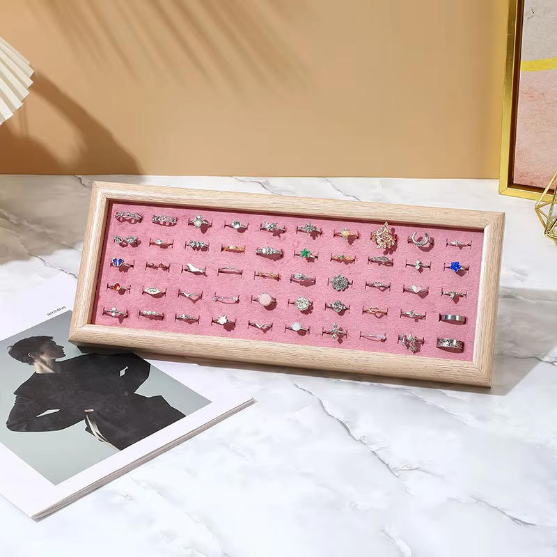 FADELI Wholesale Cheap Price Wood Pattern Soft Green Blue White Pink Gray Velvet Material MDF Frame Jewelry Ring Display Tray