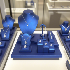 FADELI Custom Design Luxury Classic Blue PU Leather Covered Jewelry Display Stand for Earrings Ring Necklace Jewelry Display Set