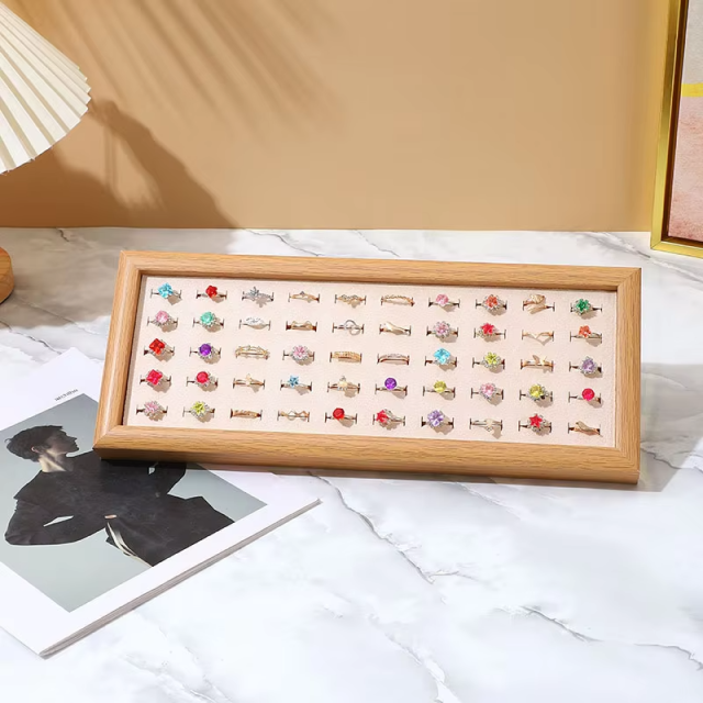 FADELI Wholesale Cheap Price Wood Pattern Soft Green Blue White Pink Gray Velvet Material MDF Frame Jewelry Ring Display Tray