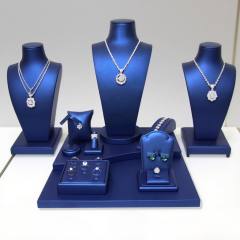 FADELI Custom Design Luxury Classic Blue PU Leather Covered Jewelry Display Stand for Earrings Ring Necklace Jewelry Display Set