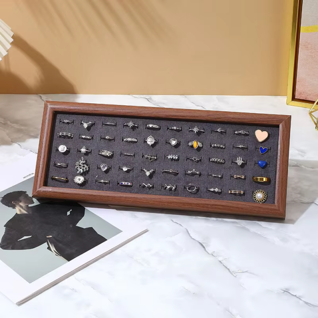 FADELI Wholesale Cheap Price Wood Pattern Soft Green Blue White Pink Gray Velvet Material MDF Frame Jewelry Ring Display Tray