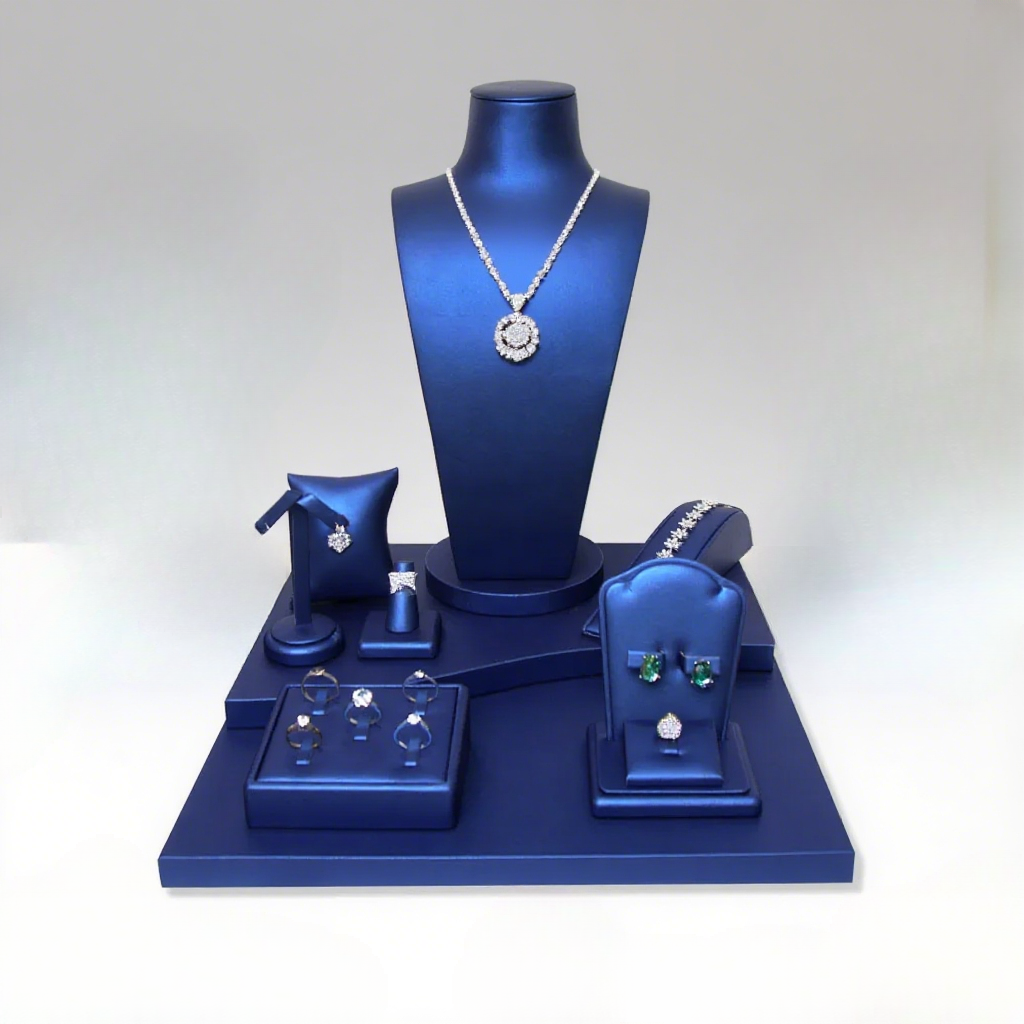 FADELI Custom Design Luxury Classic Blue PU Leather Covered Jewelry Display Stand for Earrings Ring Necklace Jewelry Display Set