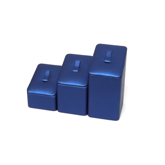 FADELI Custom Design Luxury Classic Blue PU Leather Covered Jewelry Display Stand for Earrings Ring Necklace Jewelry Display Set