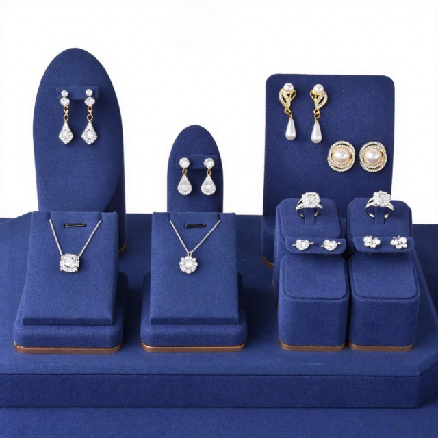 FADELI Wholesale Blue Microfiber Jewelry Earring Display Stands Necklace Display Jewellery Display for Counter