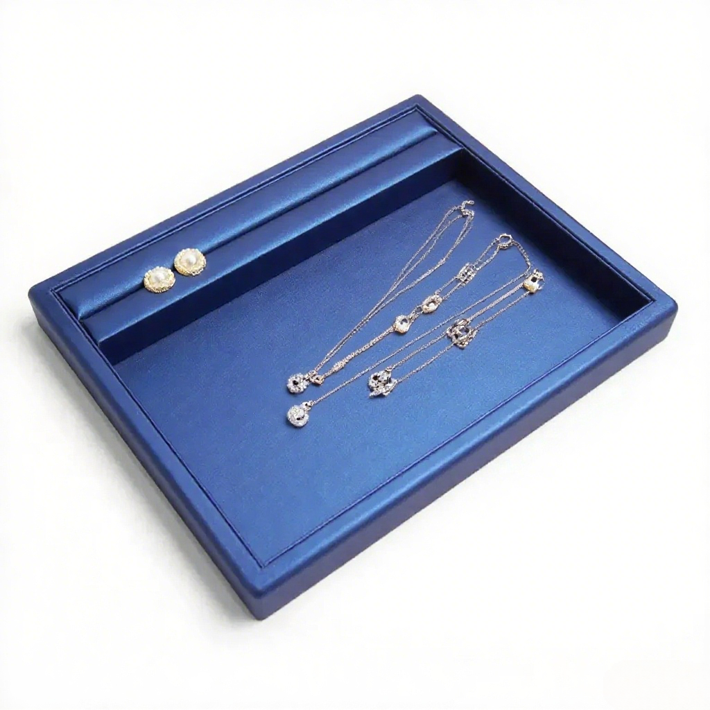 FADELI Custom Design Luxury Classic Blue PU Leather Covered Jewelry Display Stand for Earrings Ring Necklace Jewelry Display Set