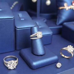 FADELI Custom Design Luxury Classic Blue PU Leather Covered Jewelry Display Stand for Earrings Ring Necklace Jewelry Display Set