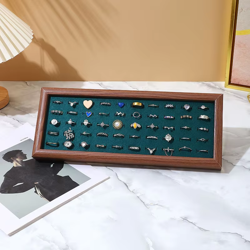 FADELI Wholesale Cheap Price Wood Pattern Soft Green Blue White Pink Gray Velvet Material MDF Frame Jewelry Ring Display Tray