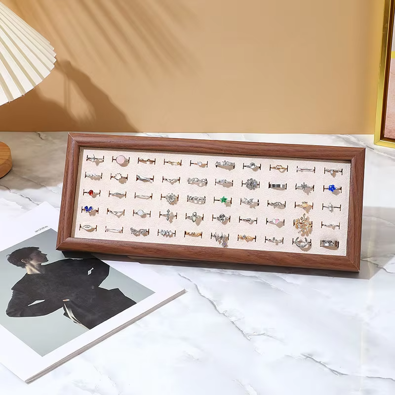FADELI Wholesale Cheap Price Wood Pattern Soft Green Blue White Pink Gray Velvet Material MDF Frame Jewelry Ring Display Tray