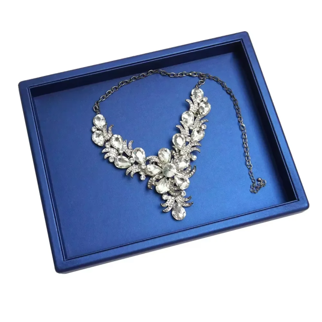 FADELI Custom Design Luxury Classic Blue PU Leather Covered Jewelry Display Stand for Earrings Ring Necklace Jewelry Display Set