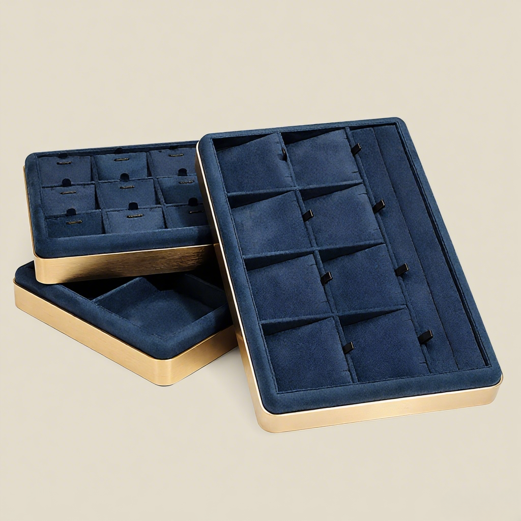 FADELI Jewellery Trays Blue Suede Leather Jewelry Metal Display Custom Necklace Jewelry Display Tray Jewelry Display