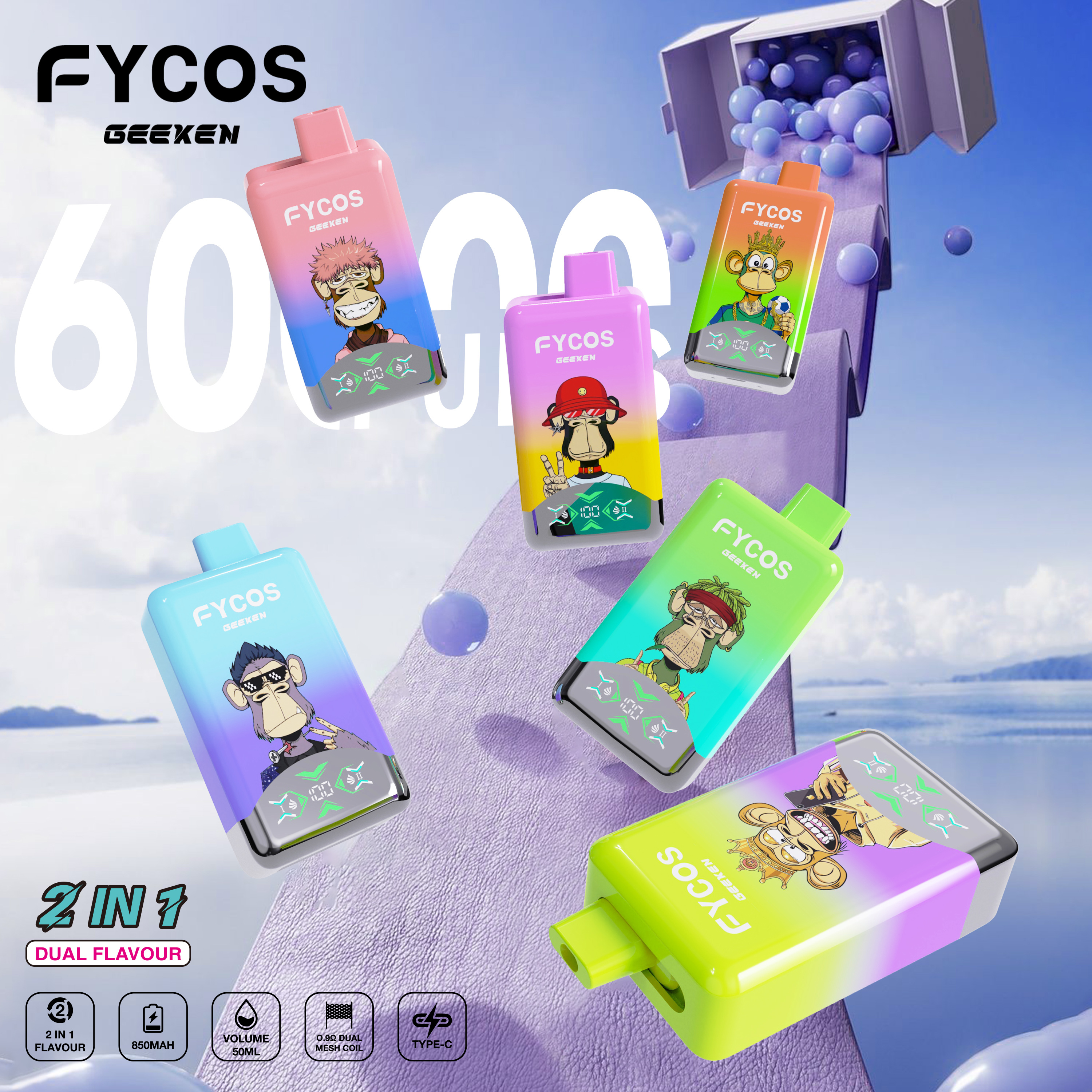 Wholesale vape factory disposable vape pen Fycos 60K dual flavors EU warehouse