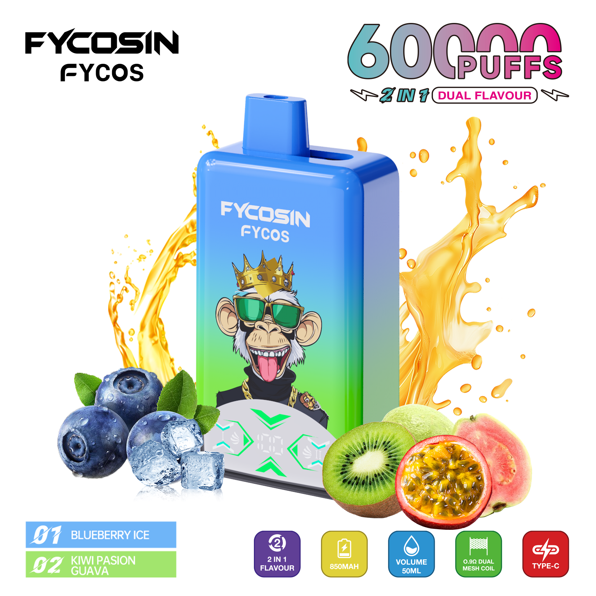 Popular in Europe Dual Flavors Type C Disposable Vapes 40 Fruit Flavors