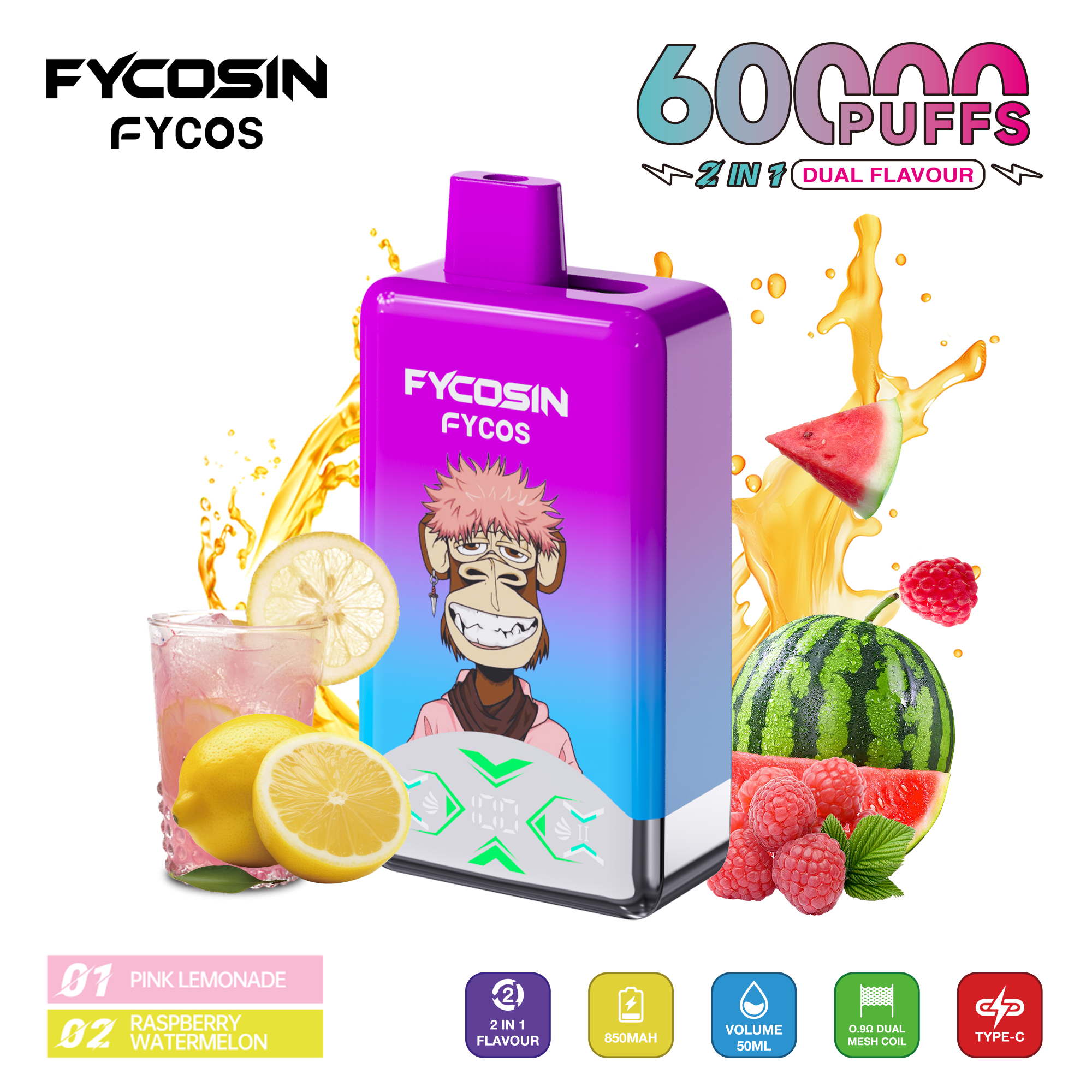 Good Quality Fycosin Dual Flavors 60000 Puffs Vape Pen Disposable Electronic Cigarette