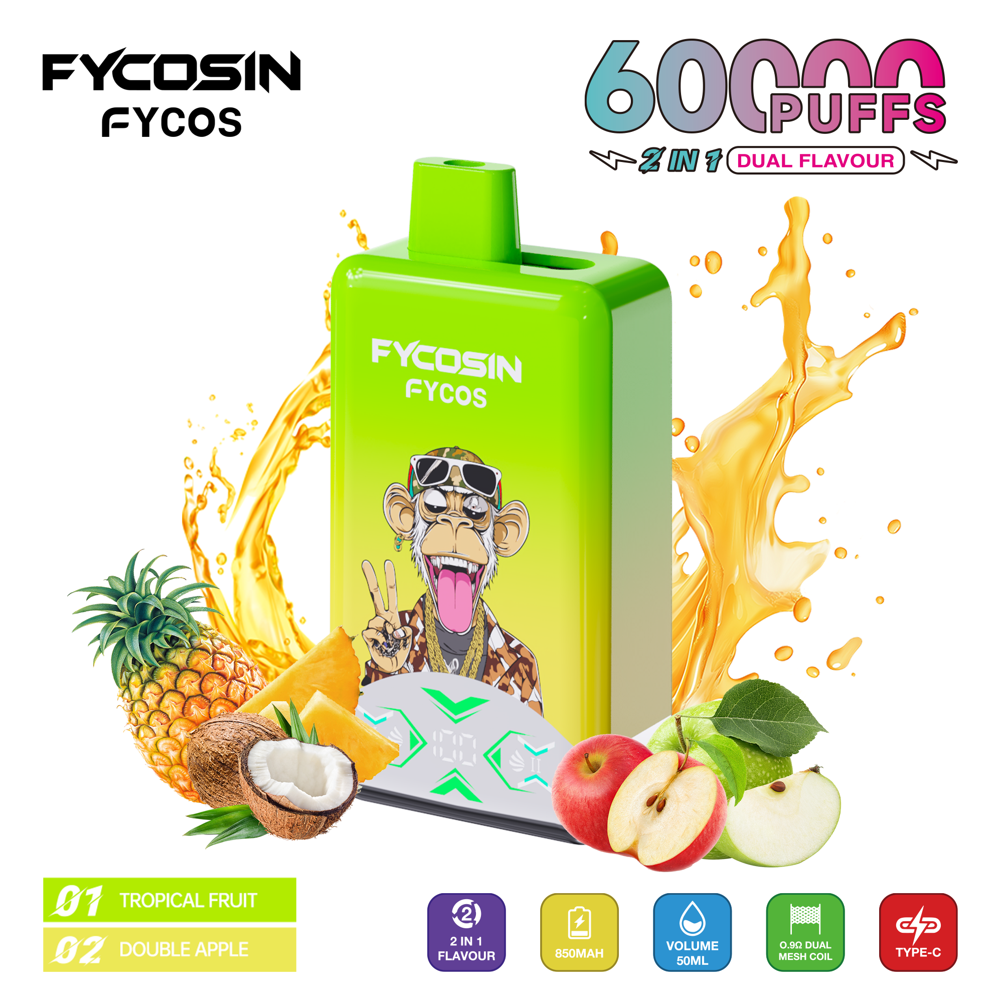 Fycosin 60000 Dual Flavor Smart Mega Screen Adjustable Airflow Double Flavors 60K Puffs Disposable Vape