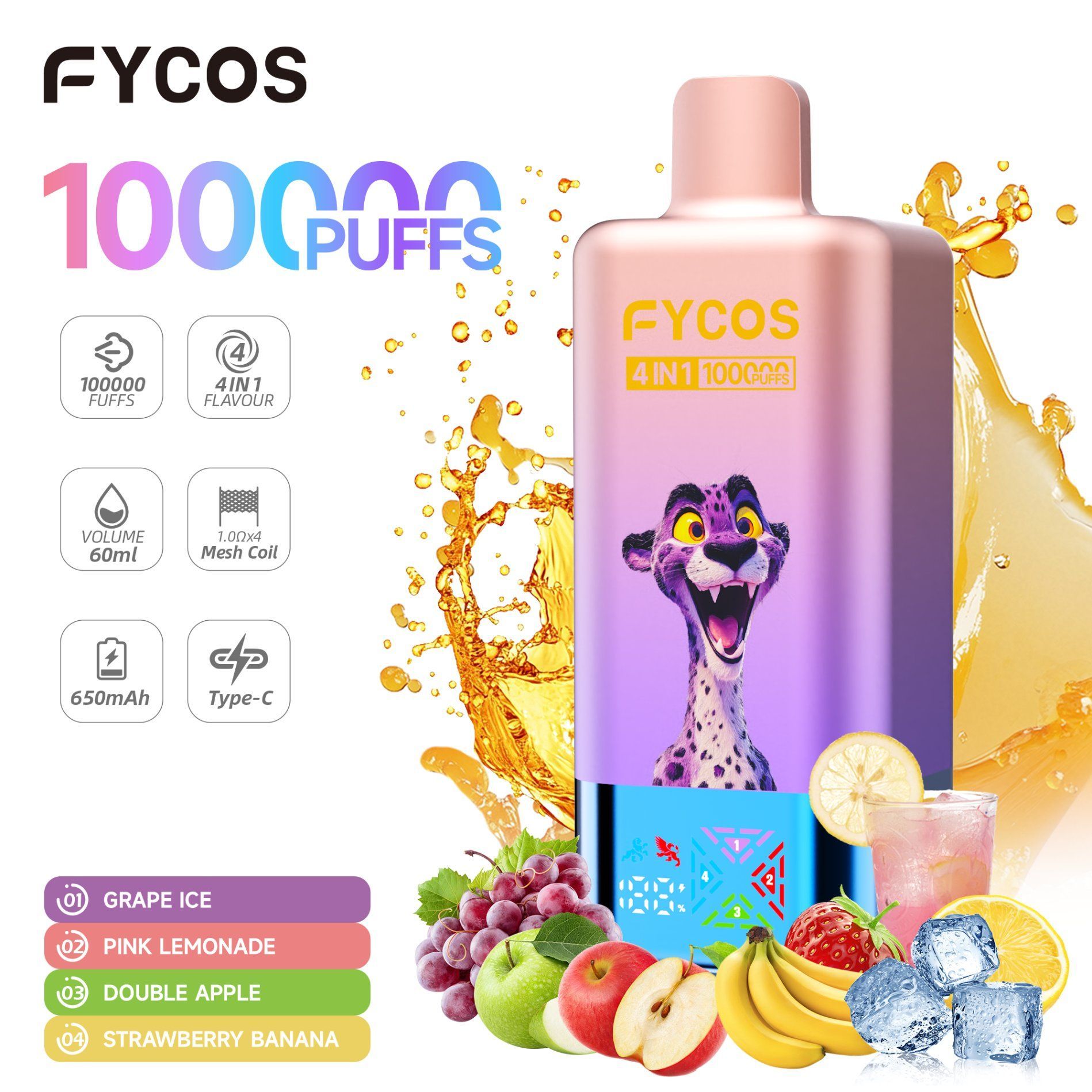 Fycos 4 Flavors in 1 New Vaper 100K Screen Disposable Vape Big Spain EU Warehouse Fast Ship