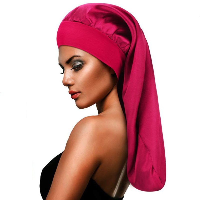Amazon Hot Sale High Elastic Wide Rim Silk Long Tube Cap Beauty Moon Long Hair Care Hat Sauted Nightcap