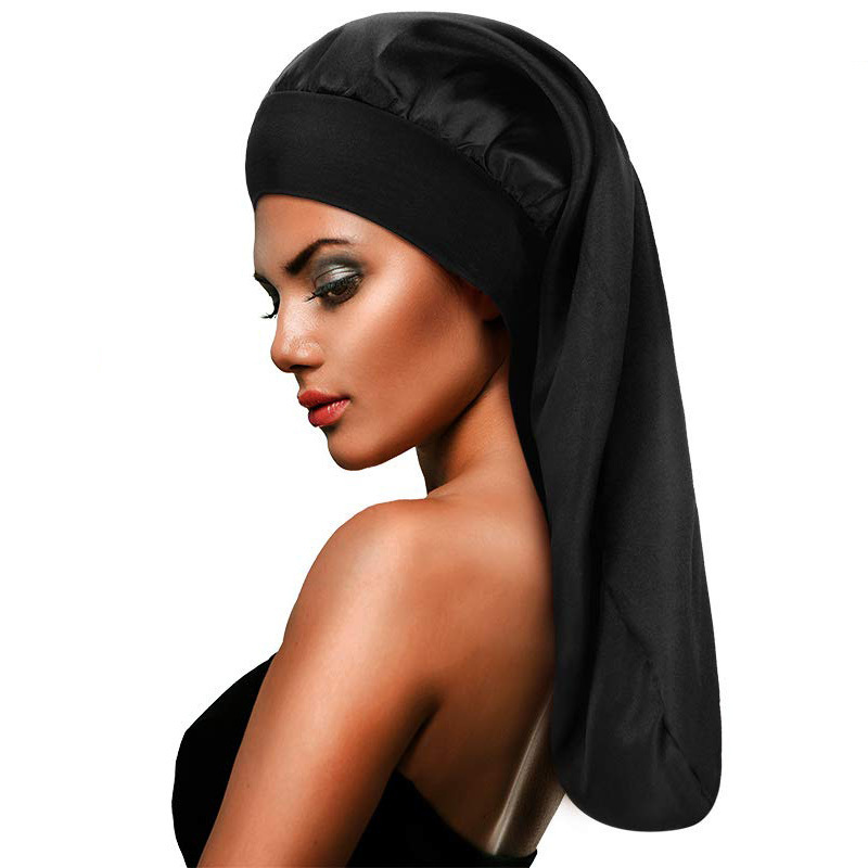 Amazon Hot Sale High Elastic Wide Rim Silk Long Tube Cap Beauty Moon Long Hair Care Hat Sauted Nightcap