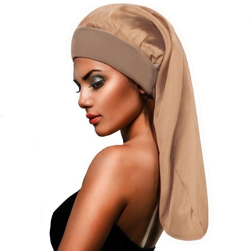 Amazon Hot Sale High Elastic Wide Rim Silk Long Tube Cap Beauty Moon Long Hair Care Hat Sauted Nightcap