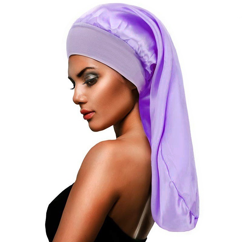 Amazon Hot Sale High Elastic Wide Rim Silk Long Tube Cap Beauty Moon Long Hair Care Hat Sauted Nightcap