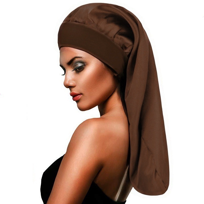 Amazon Hot Sale High Elastic Wide Rim Silk Long Tube Cap Beauty Moon Long Hair Care Hat Sauted Nightcap