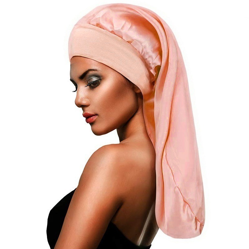 Amazon Hot Sale High Elastic Wide Rim Silk Long Tube Cap Beauty Moon Long Hair Care Hat Sauted Nightcap