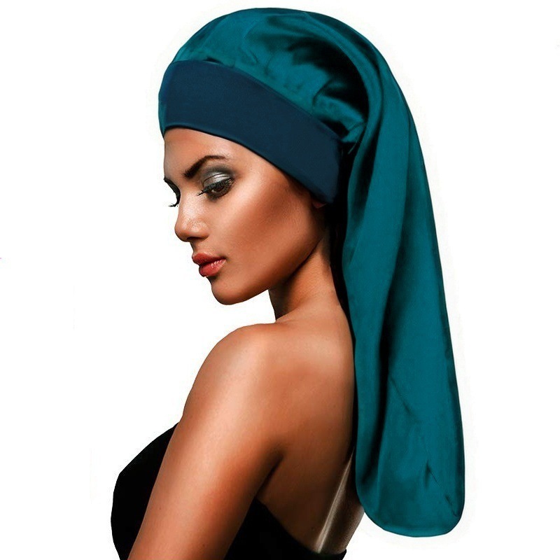Amazon Hot Sale High Elastic Wide Rim Silk Long Tube Cap Beauty Moon Long Hair Care Hat Sauted Nightcap