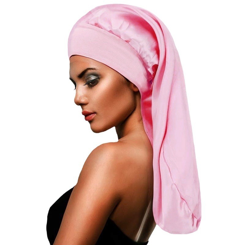 Amazon Hot Sale High Elastic Wide Rim Silk Long Tube Cap Beauty Moon Long Hair Care Hat Sauted Nightcap