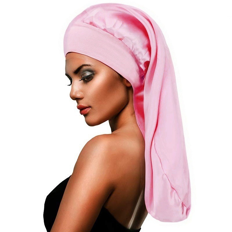 Amazon Hot Sale High Elastic Wide Rim Silk Long Tube Cap Beauty Moon Long Hair Care Hat Sauted Nightcap