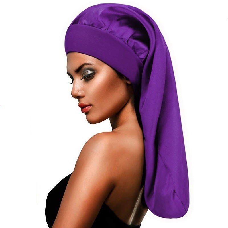 Amazon Hot Sale High Elastic Wide Rim Silk Long Tube Cap Beauty Moon Long Hair Care Hat Sauted Nightcap