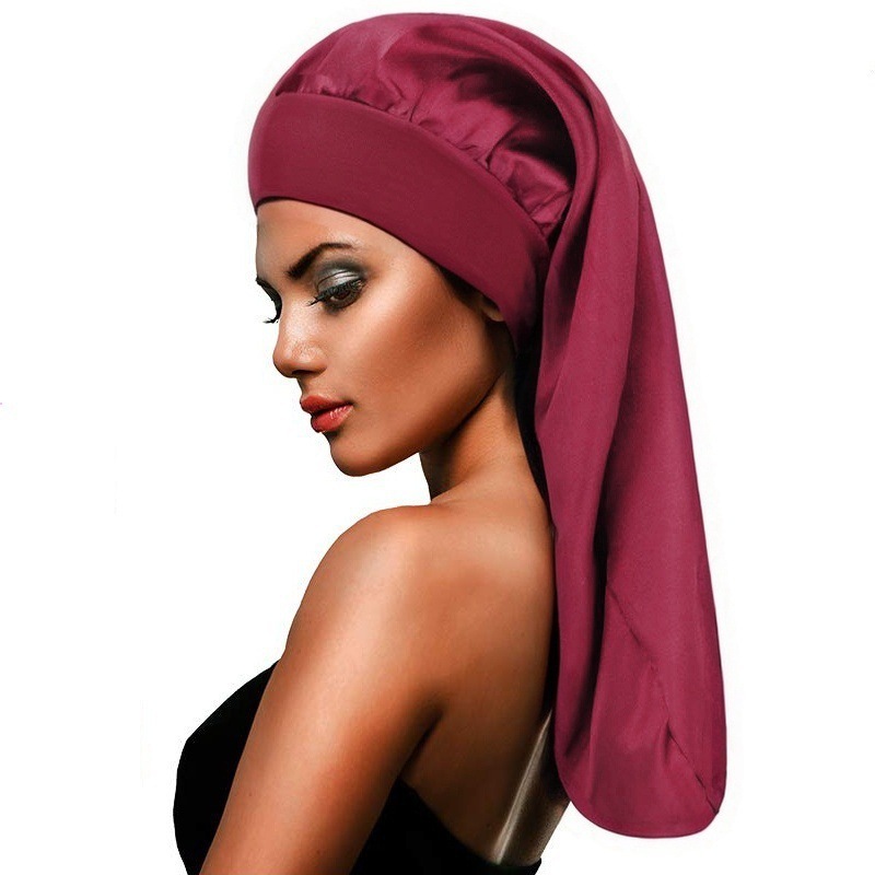 Amazon Hot Sale High Elastic Wide Rim Silk Long Tube Cap Beauty Moon Long Hair Care Hat Sauted Nightcap