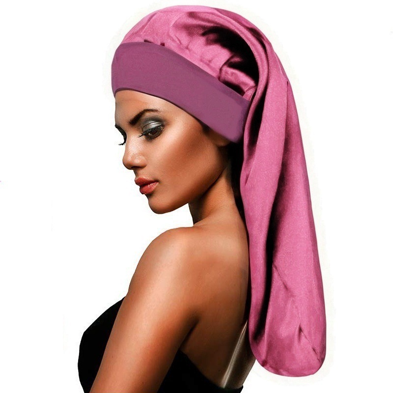 Amazon Hot Sale High Elastic Wide Rim Silk Long Tube Cap Beauty Moon Long Hair Care Hat Sauted Nightcap