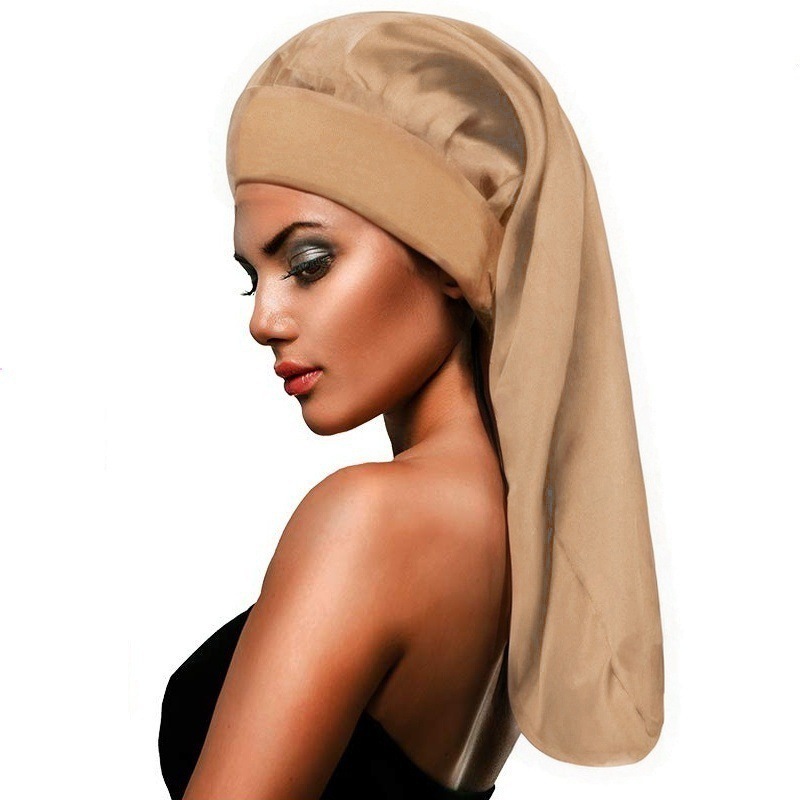 Amazon Hot Sale High Elastic Wide Rim Silk Long Tube Cap Beauty Moon Long Hair Care Hat Sauted Nightcap