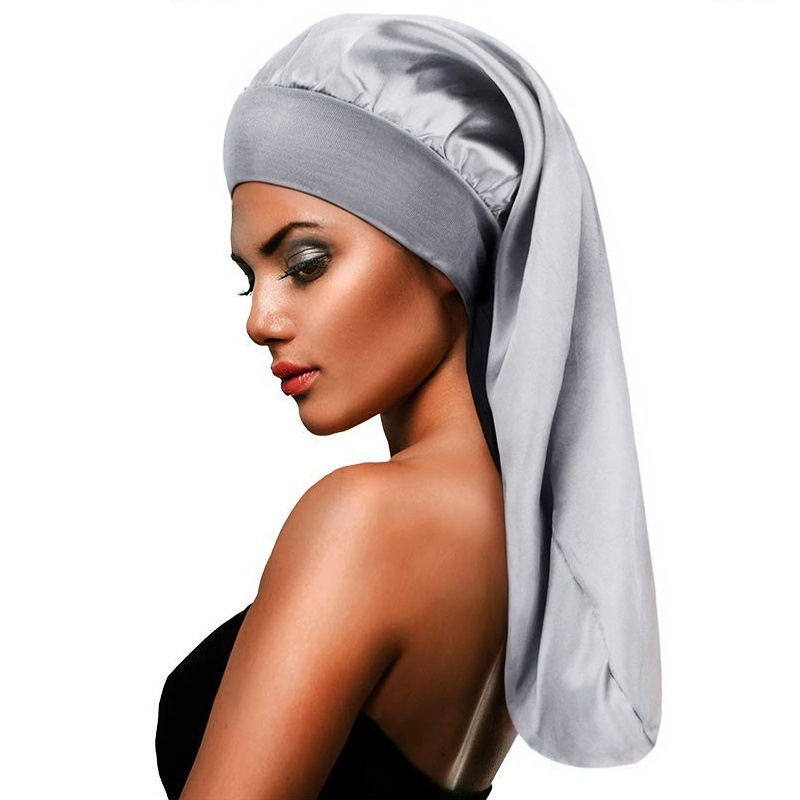 Amazon Hot Sale High Elastic Wide Rim Silk Long Tube Cap Beauty Moon Long Hair Care Hat Sauted Nightcap