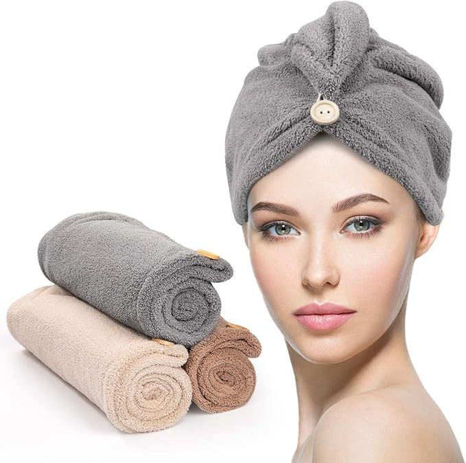 Hair Drying Towels, Hair Towel with Button, Super Absorbent Microfiber Hair Towel for Curly Hair, Fast Drying Hair Wraps for Women Girls, Microfiber Towel for Hair