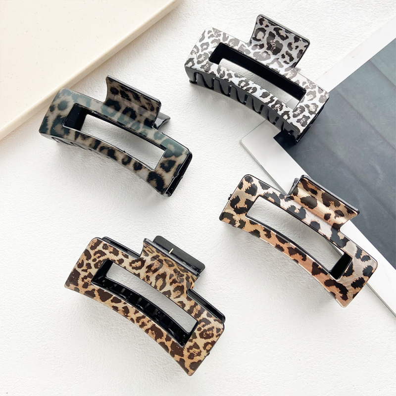 Cross border printing plastic hairpin leopard square hollow grip clip summer high sense large shark clip hair accessories wholesale