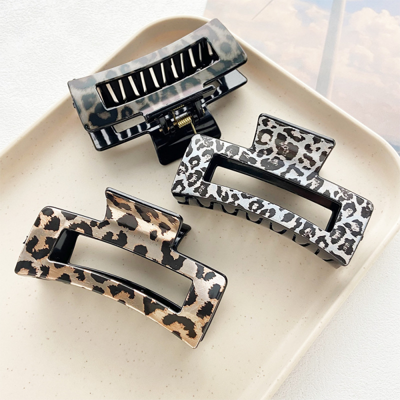 Cross border printing plastic hairpin leopard square hollow grip clip summer high sense large shark clip hair accessories wholesale