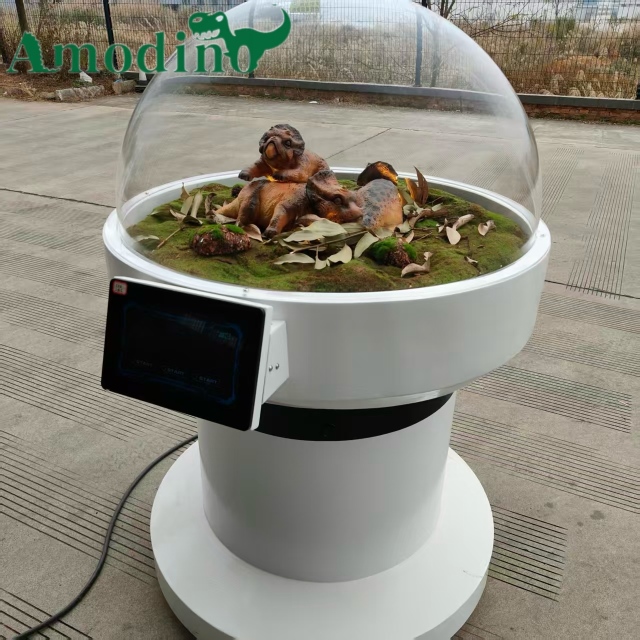 Hyper-realistic baby triceratops incubator for zoos/parks