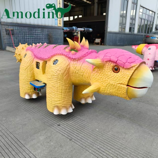 High Quality Cute Pink & Yellow Animatronic Dinosaur Ride for Park