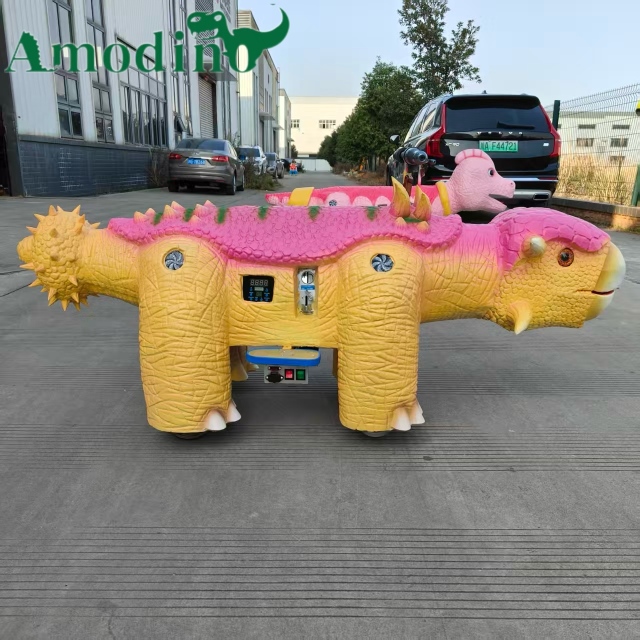 High Quality Cute Pink & Yellow Animatronic Dinosaur Ride for Park