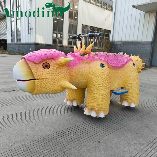 High Quality Cute Pink & Yellow Animatronic Dinosaur Ride for Park