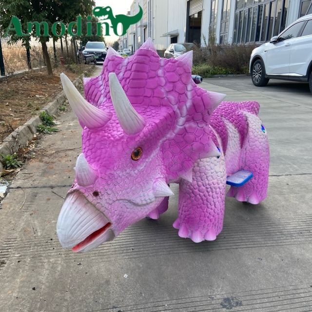 Custom Pink Triceratops Kiddie Ride | Commercial Dinosaur Ride Manufacturer