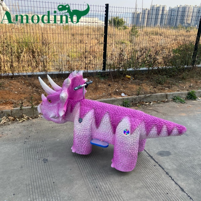 Custom Pink Triceratops Kiddie Ride | Commercial Dinosaur Ride Manufacturer