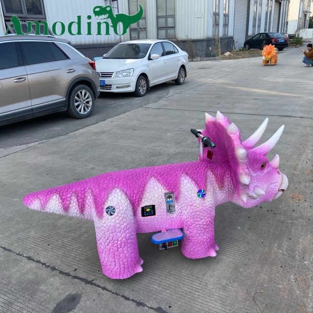 Custom Pink Triceratops Kiddie Ride | Commercial Dinosaur Ride Manufacturer