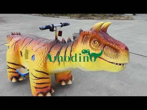 Custom Orange Striped Carnotaurus Kiddie Ride | Commercial Dinosaur Ride Manufacturer