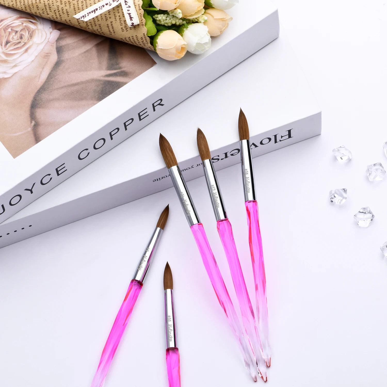 USA #2-18 Kolinsky Professional Pure Acrylic Brushes Pink Crystal Handle Nail Art Crimped Acrylic Brush