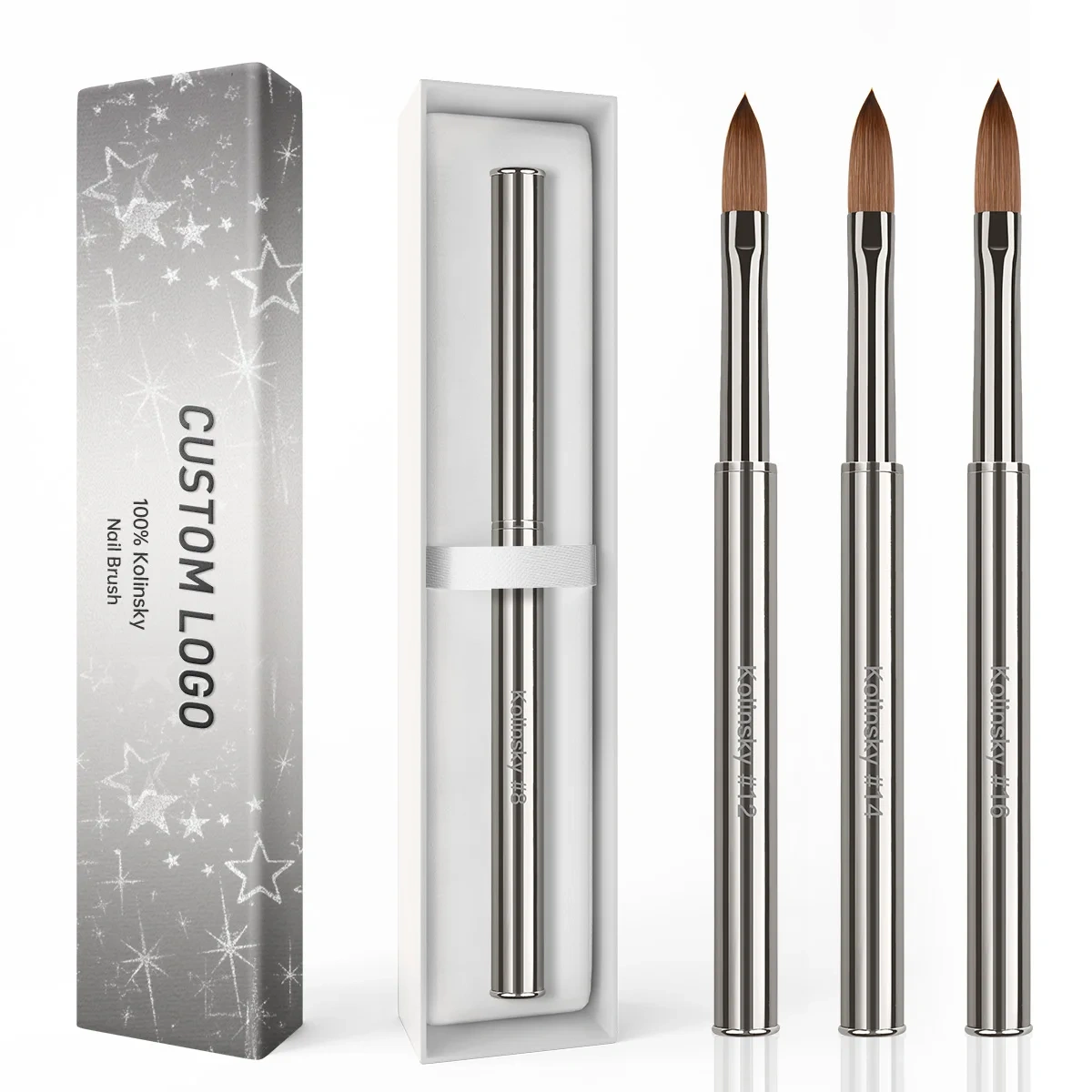 Hot Selling Silver Metal Nail 100% Kolinsky Hair Brush Acrylic Pen Siberian Sable Watercolor Brush Set Custom LOGO #16