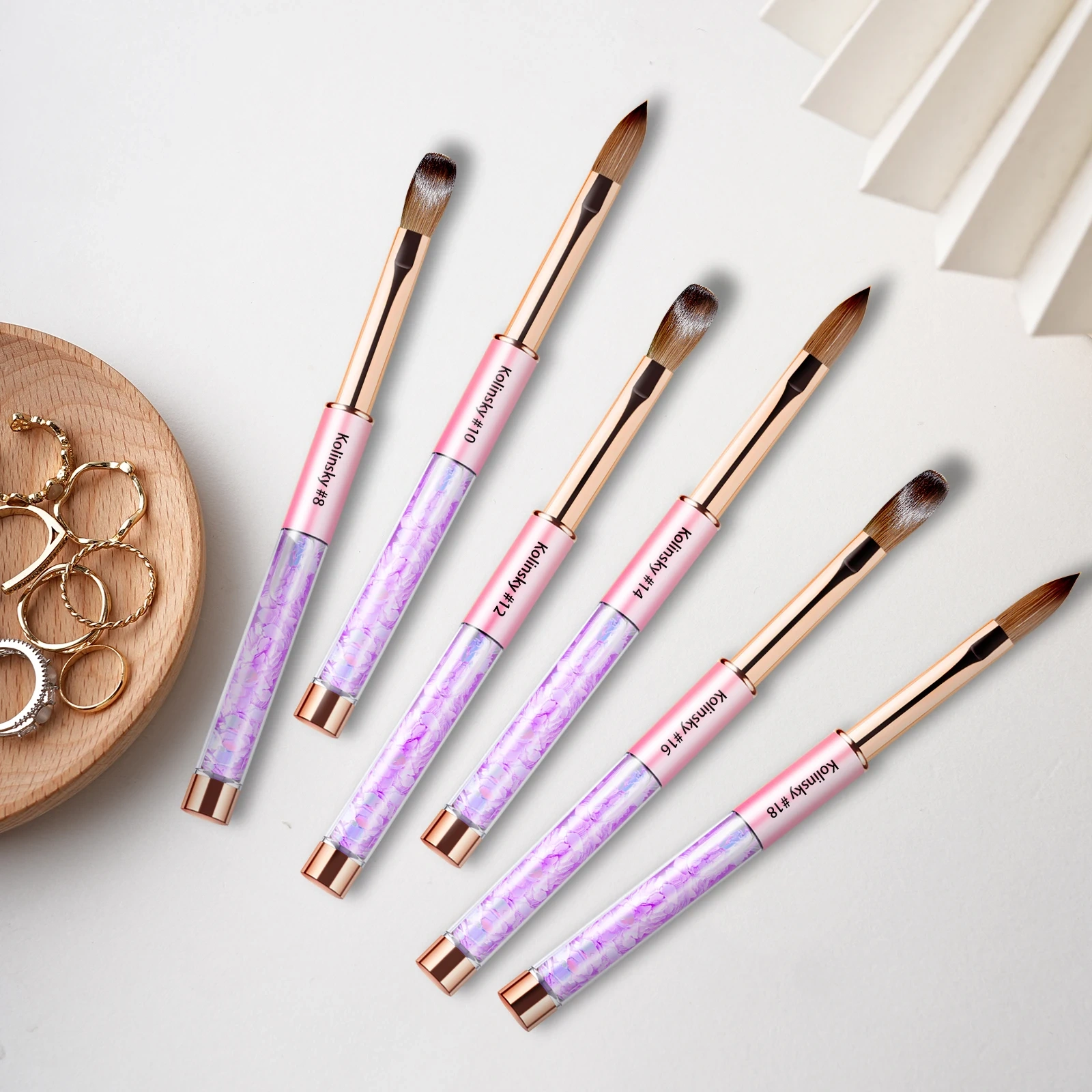 Pink-Violet Gradient Handmade Kolinsky Brushes Custom Bow Printing Acrylic Nail Brush With Glitter