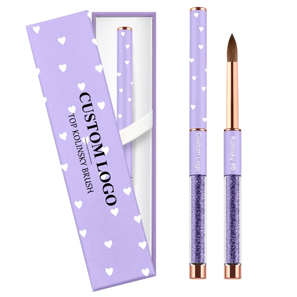 Popular Design 100% Kolinsky Acrylic Nail Brush Purple Glitter Liquid Handle Custom Nail Brush #2-#18