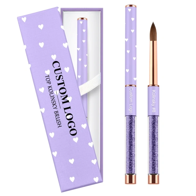 Popular Design 100% Kolinsky Acrylic Nail Brush Purple Glitter Liquid Handle Custom Nail Brush #2-#18