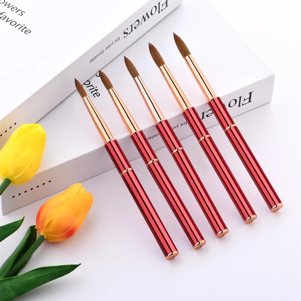 Luxury Acrylic Nail Brush Custom Logo Red Handle Rose Gold Ferrule High Quality Kolinsky Acrylic Nail Brush